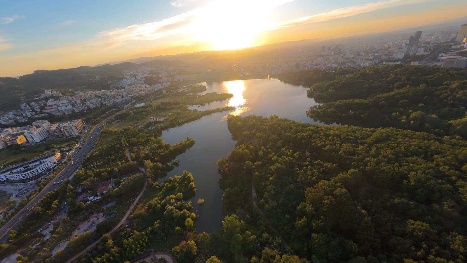 Aerial view of Tirana's Artificial Lake at sunset